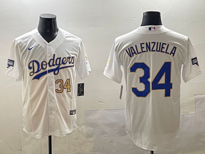 Men Los Angeles Dodgers #34 Valenzuela White blue Gold Game 2025 Nike MLB Jersey style 14